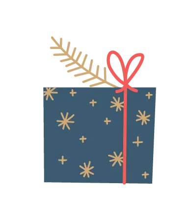 Illustration de cadeau décoré bleu et or pour présenter les menus festifs de Noël.
